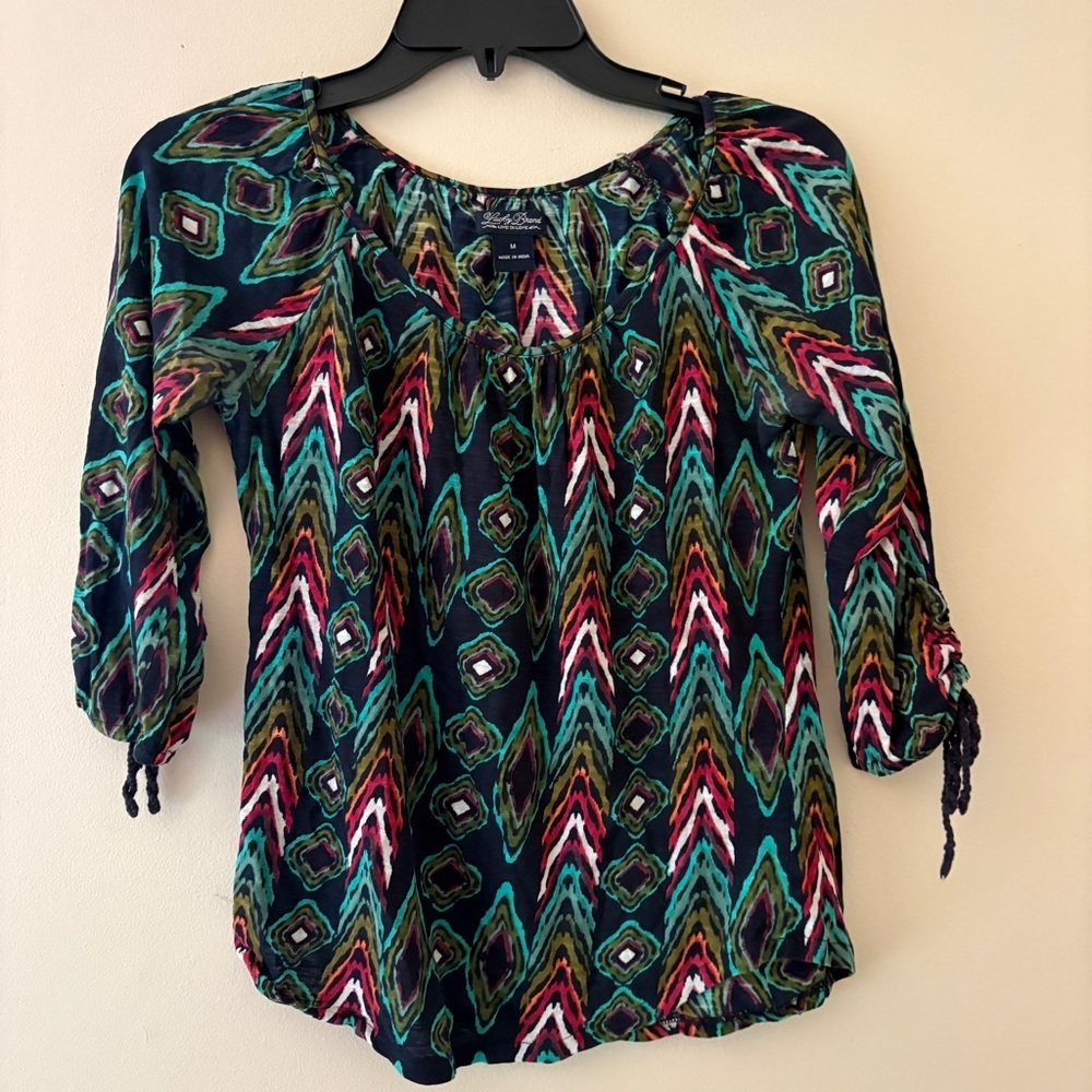 Lucky Brand Multicolor Ikat Print Cotton Peasant Tunic Top Medium
